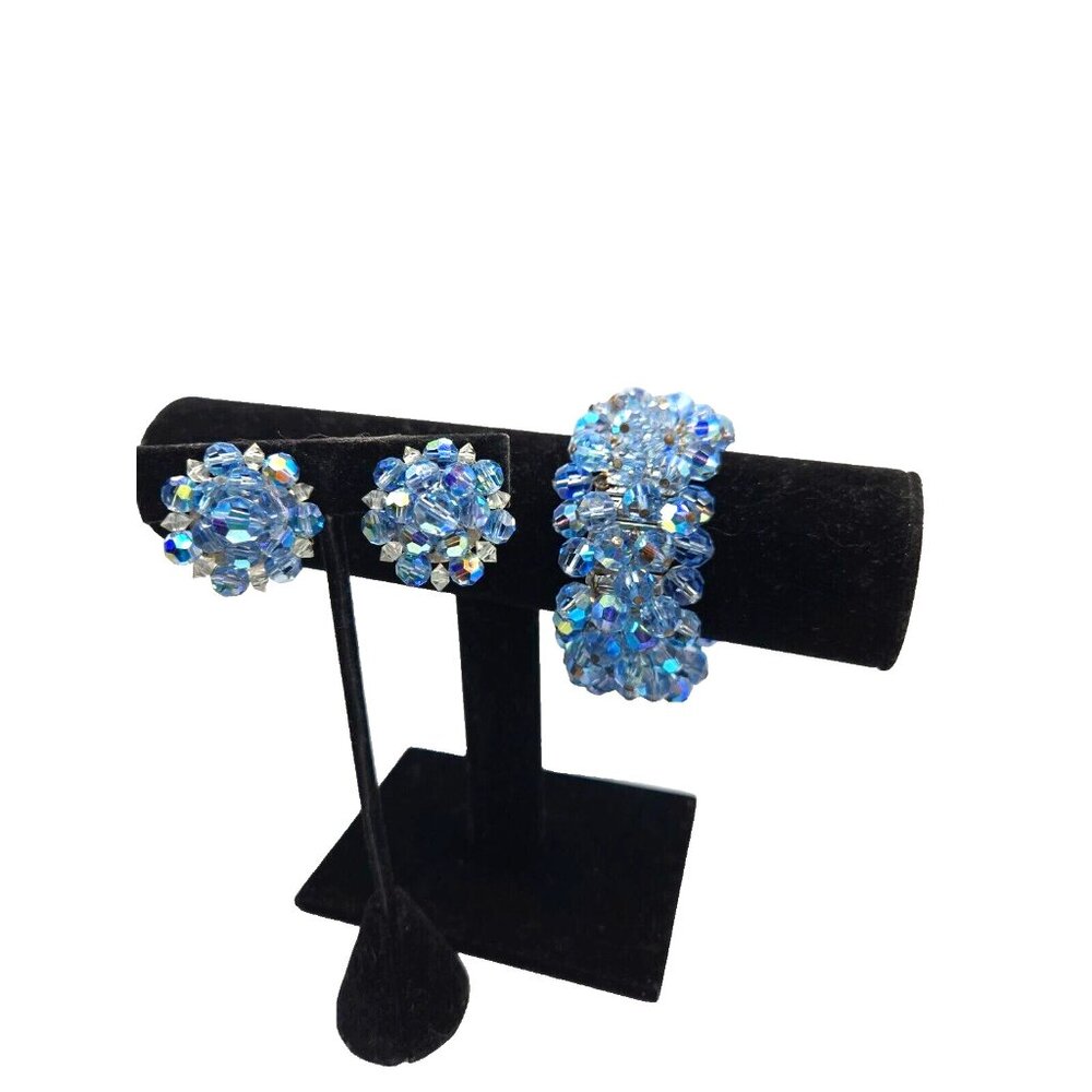 Gorgeous Blue AB Beaded Cha Cha Bracelet and Clip Earring Set Signed Japan 1940s